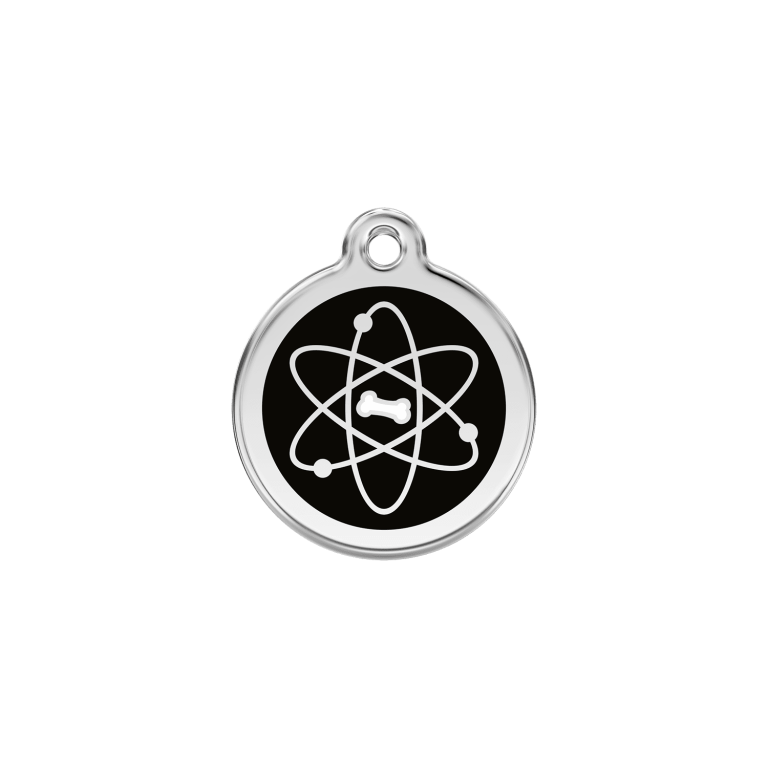 Vue avant - Médaille personnalisable en émail et acier inoxydable pour chat - Red Dingo - Atome Noir - Taglia S
