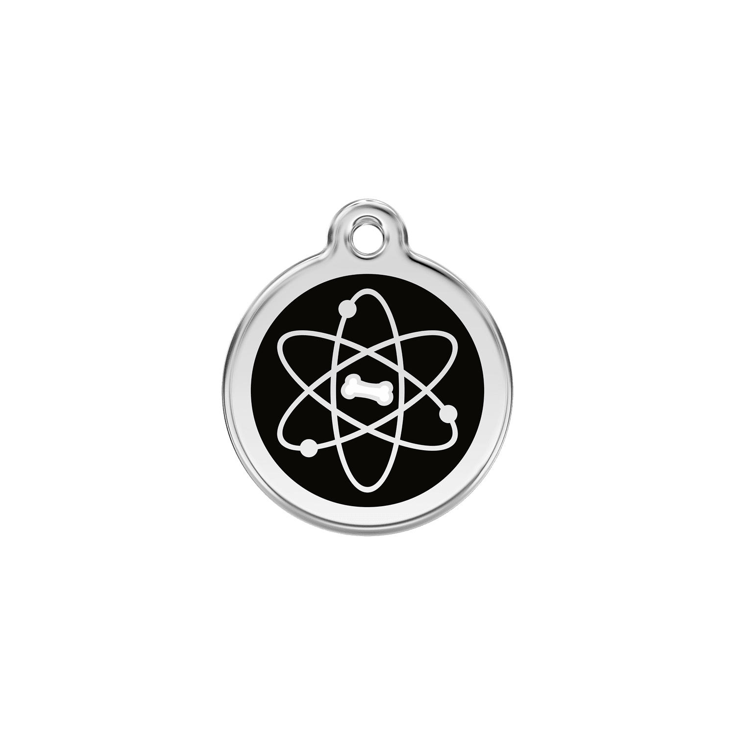 Vue avant - Médaille personnalisable en émail et acier inoxydable pour chat - Red Dingo - Atome Noir - Taglia S