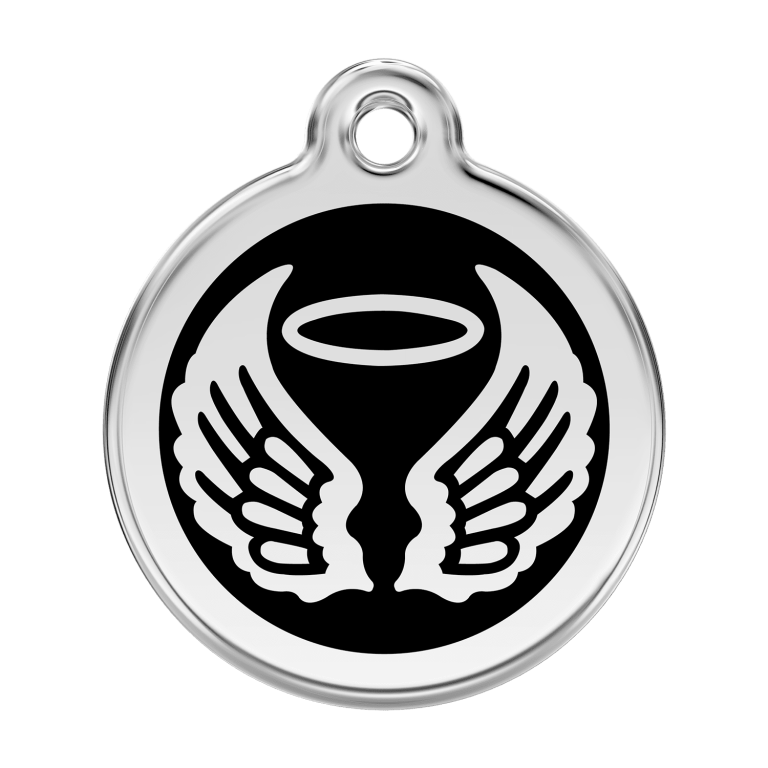 Vue avant - Médaille personnalisable pour chien Red Dingo Émail et acier inoxydable - Ailes d'anges - Noir - Taglia L