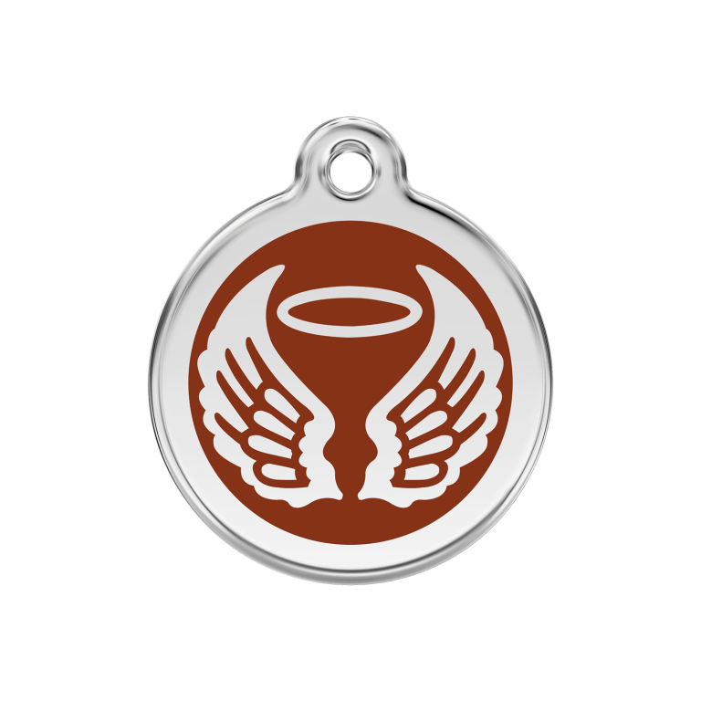 Vue avant - Médaille personnalisée pour chien Red Dingo Émail et acier inoxydable - Ailes d'anges - Brun - Taglia M