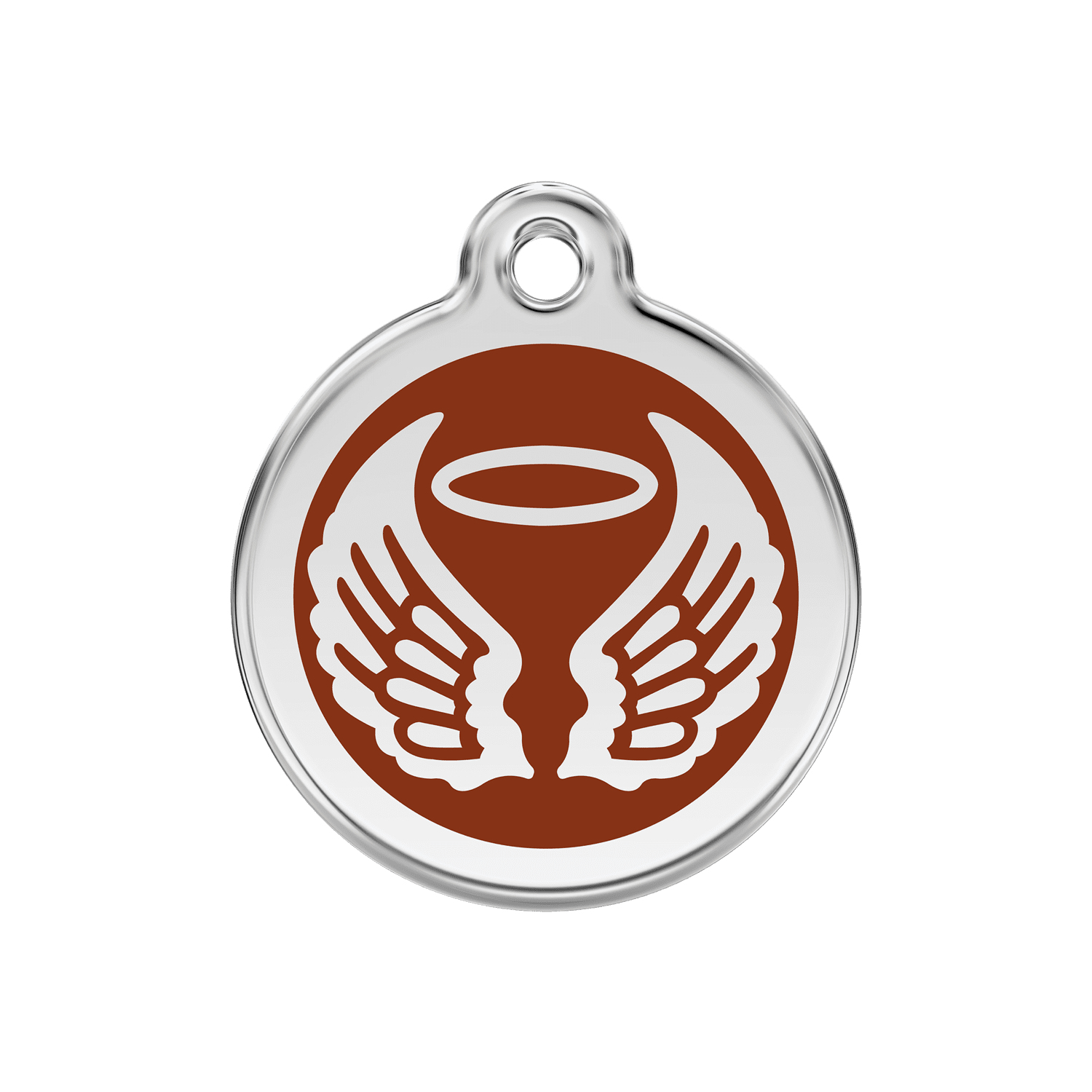 Vue avant - Médaille personnalisée pour chien Red Dingo Émail et acier inoxydable - Ailes d'anges - Brun - Taglia M