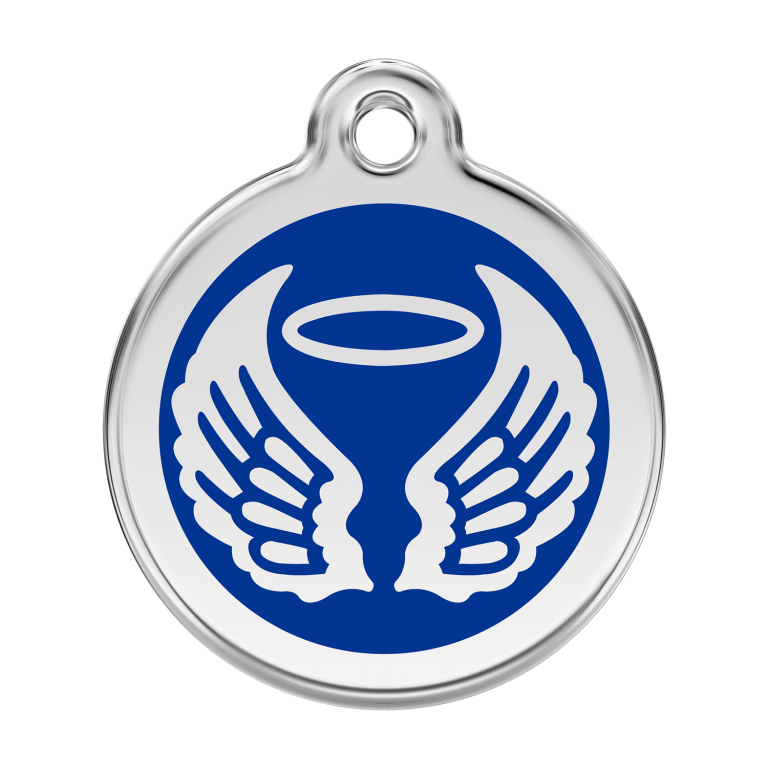 Vue avant - Médaille personnalisable pour chien Red Dingo Émail et acier inoxydable - Ailes d'anges - Bleu foncé - Taglia L