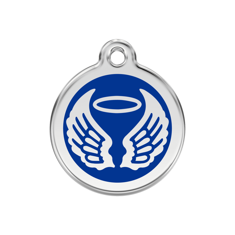 Vue avant - Médaille personnalisée pour chien ou chat Red Dingo Émail et acier inoxydable - Ailes d'anges - Bleu foncé - Taglia M