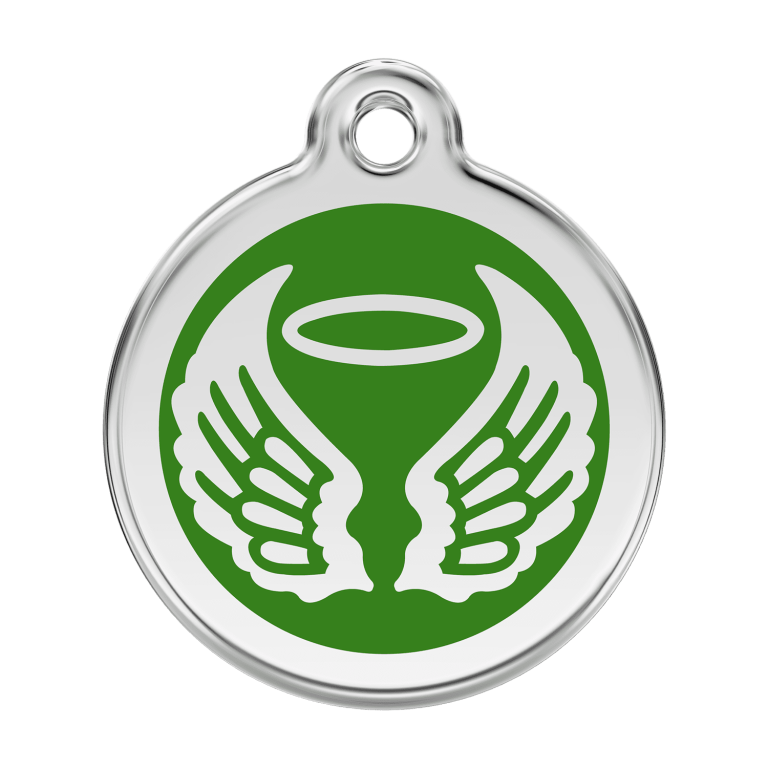Vue avant - Médaille personnalisée pour chien Red Dingo Émail et acier inoxydable - Ailes d'anges - Vert - Taglia L