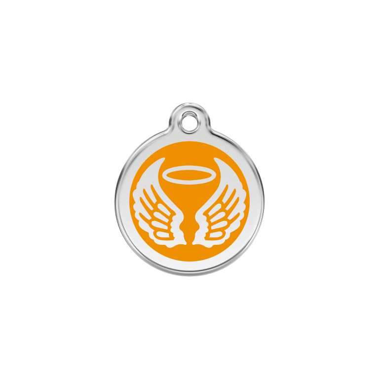 Vue avant - Médaille personnalisée pour chat en émail et acier inoxydable Red Dingo - Ailes d'anges - Orange - Taglia S