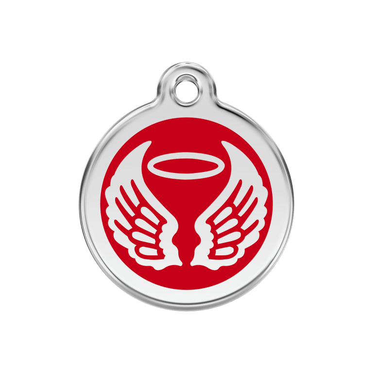 Vue avant - Médaille personnalisée pour chien Red Dingo Émail et acier inoxydable - Ailes d'anges - Rouge - Taglia M