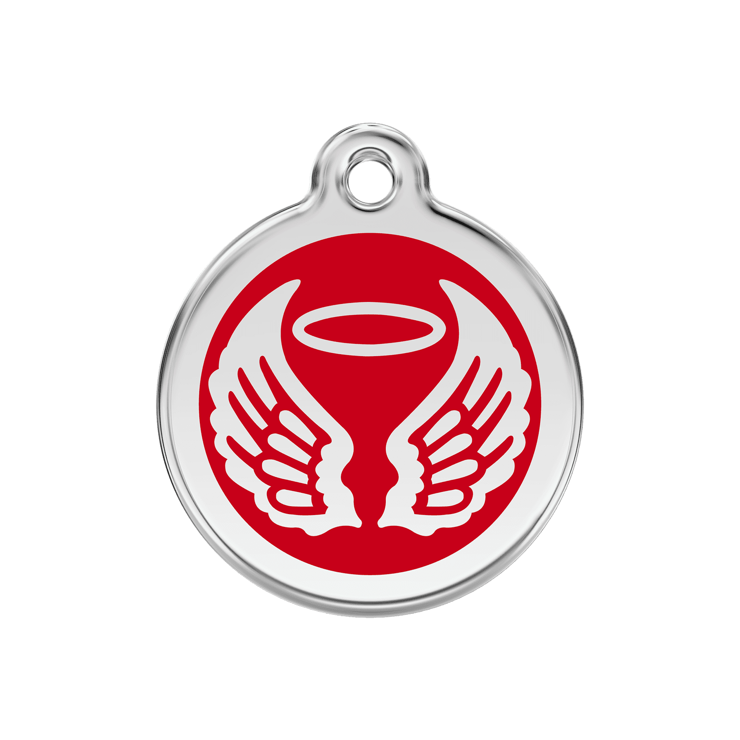 Vue avant - Médaille personnalisée pour chien Red Dingo Émail et acier inoxydable - Ailes d'anges - Rouge - Taglia M