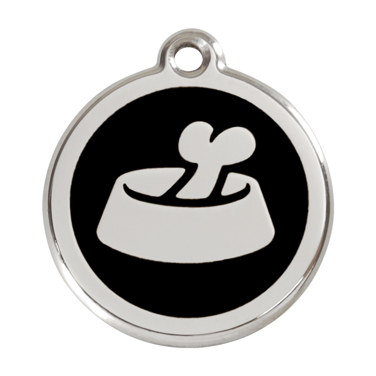 Vue avant - Médaille personnalisée pour chien en émail et acier inoxydable - Red Dingo - Motif os dans un bol - Noir - Taglia L