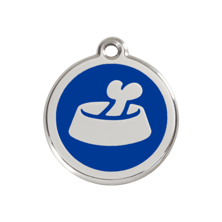 Vue avant - Médaille personnalisée en émail et acier inoxydable pour chien ou chat - Os dans un bol - Bleu foncé - Taglia M