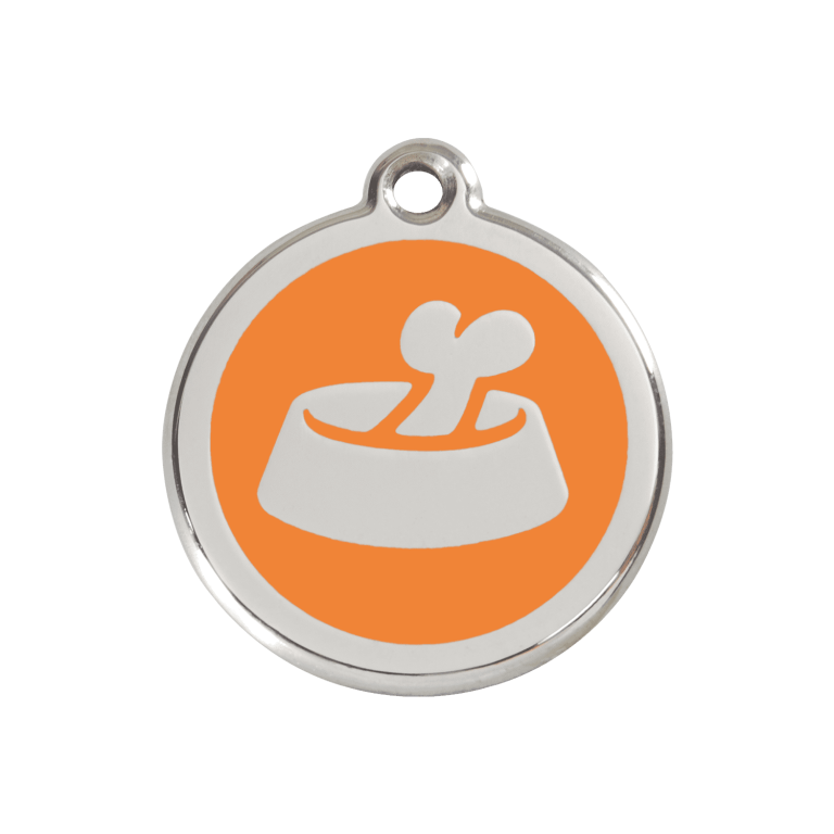 Vue avant - Médaille personnalisée pour chien Red Dingo Émail et acier inoxydable Os dans un bol Orange - Taglia M