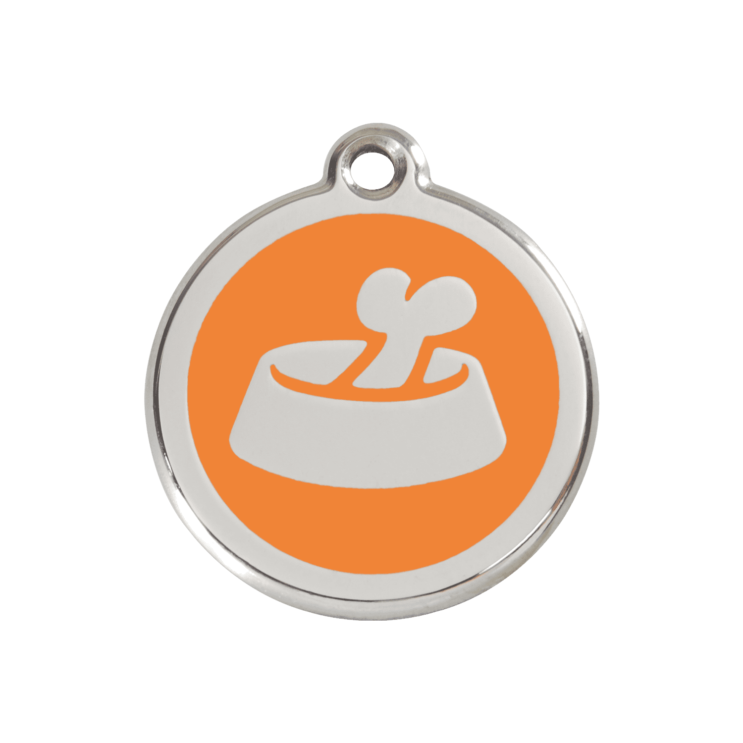 Vue avant - Médaille personnalisée pour chien Red Dingo Émail et acier inoxydable Os dans un bol Orange - Taglia M