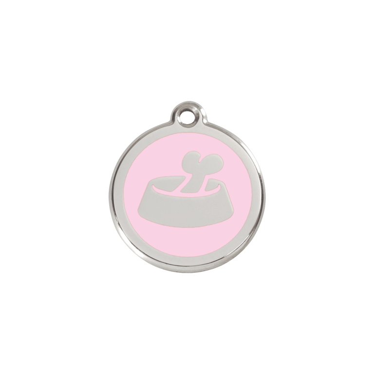 Vue avant - Médaille personnalisable pour chat ou petit chien - Red Dingo Émail et acier inoxydable - Os rose - Taglia S