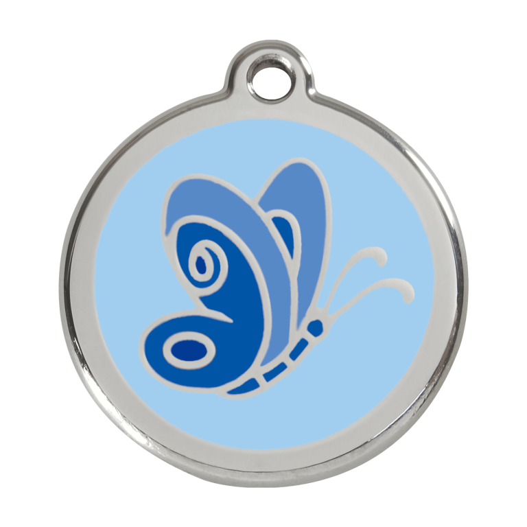 Vue avant - Médaille personnalisée pour chien Red Dingo Émail et acier inoxydable - Motif papillon - Bleu clair - Taglia L