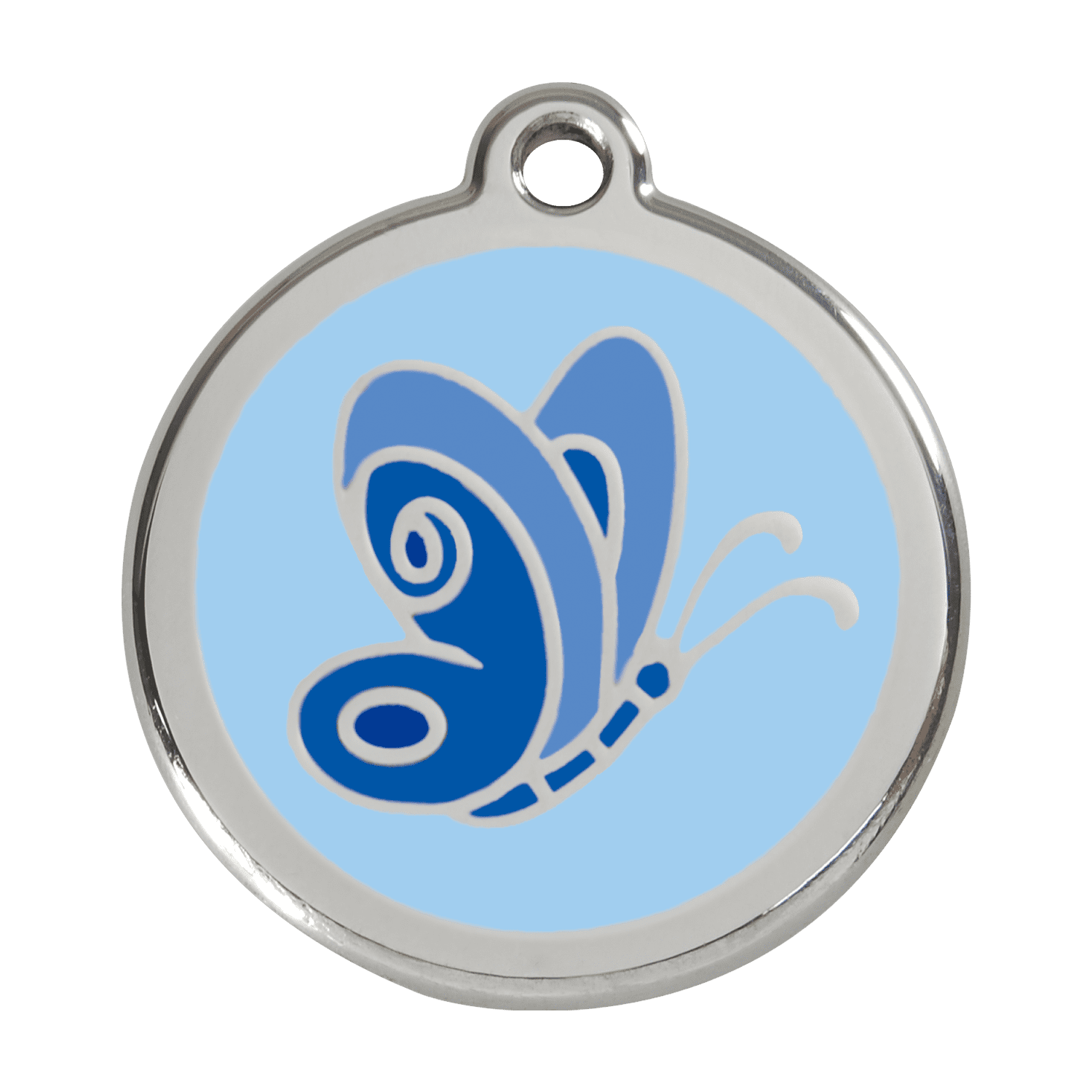 Vue avant - Médaille personnalisée pour chien Red Dingo Émail et acier inoxydable - Motif papillon - Bleu clair - Taglia L