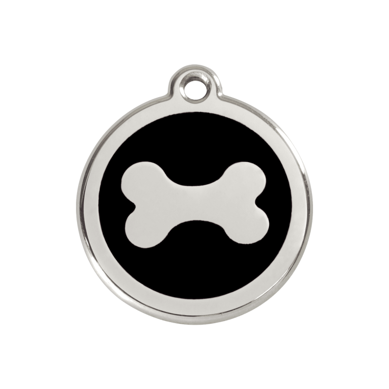 Vue avant - Médaille personnalisée pour chien Red Dingo Émail et acier inoxydable Os Noir M 30.00 - Gravure incluse
