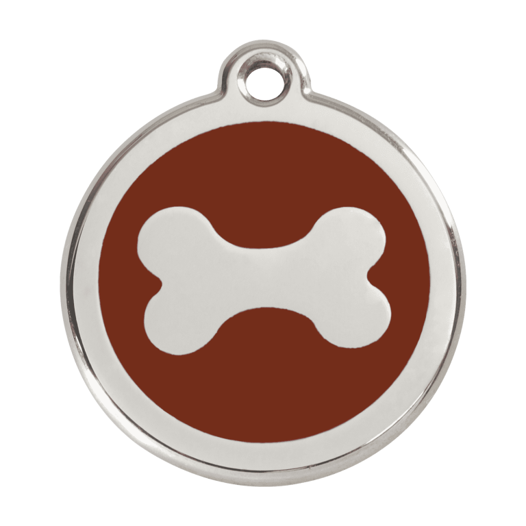 Vue avant - Médaille personnalisée pour chien Red Dingo en émail et acier inoxydable - Os brun - Taglia L