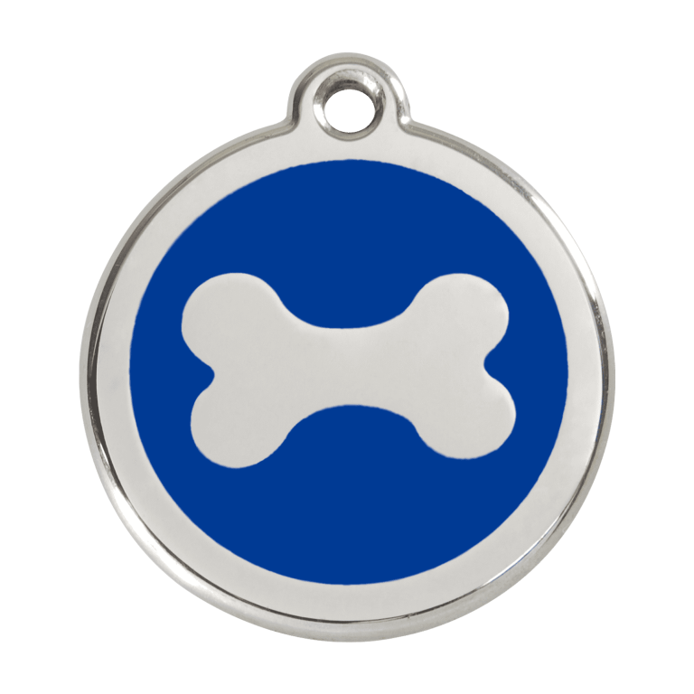 Vue avant - Médaille personnalisée en émail et acier inoxydable pour chien - Os bleu foncé - Red Dingo