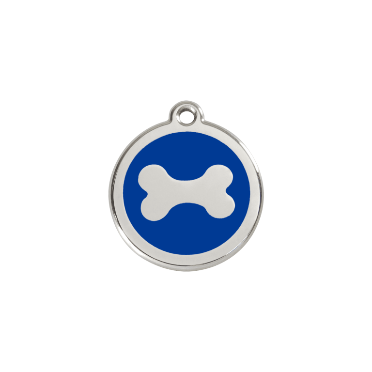 Vue avant - "Médaille personnalisée pour chien/chat Red Dingo en émail et acier inoxydable - Os bleu foncé - Taglia S"