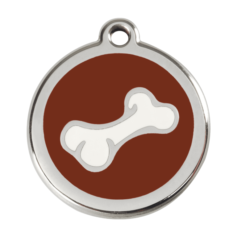 Vue avant - Médaille personnalisée en émail et acier inoxydable pour chien Red Dingo - Os brun - Taglia L