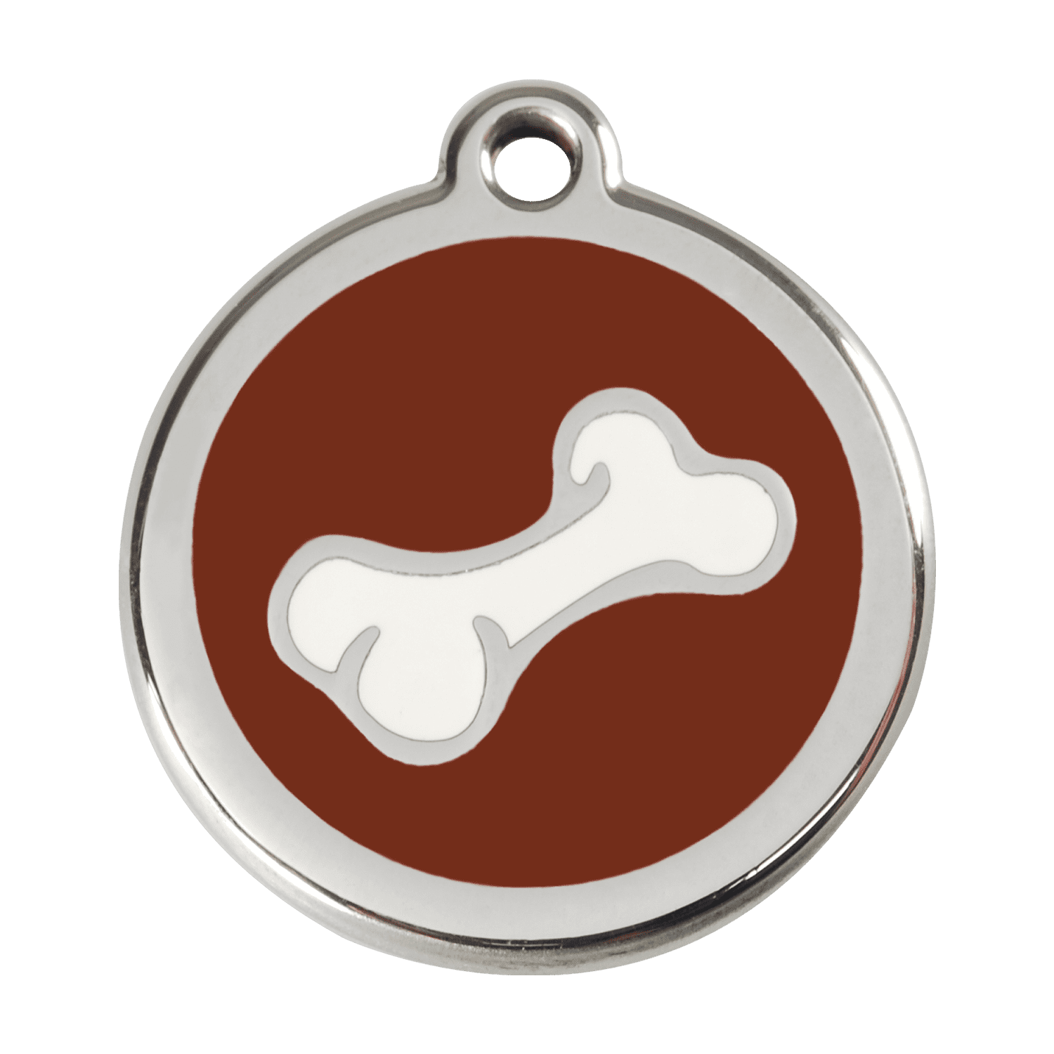 Vue avant - Médaille personnalisée en émail et acier inoxydable pour chien Red Dingo - Os brun - Taglia L