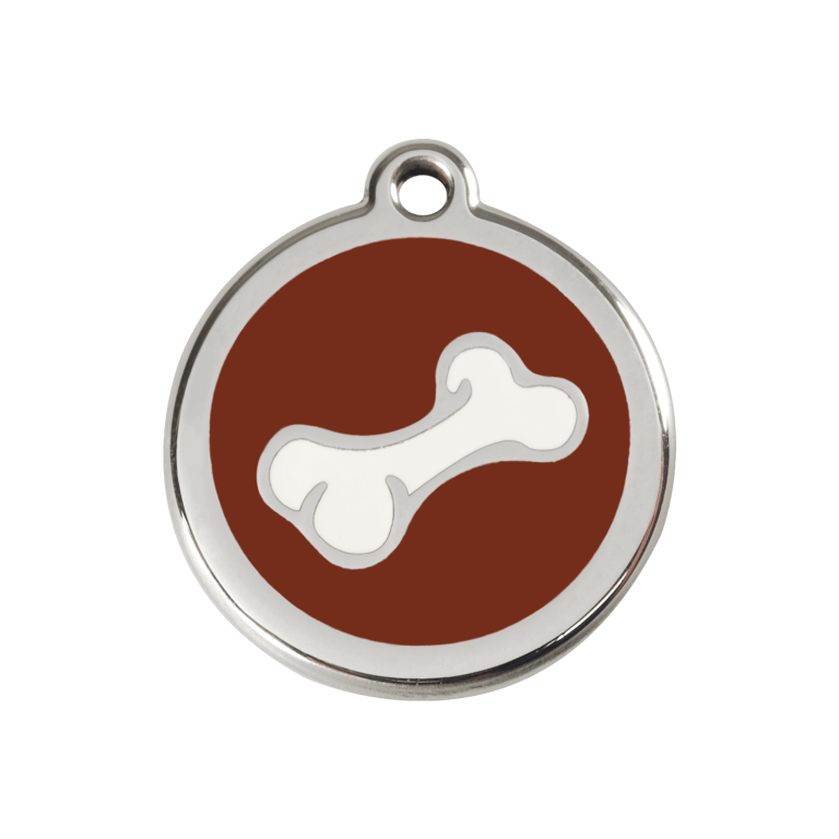Vue avant - Médaille personnalisée pour chien Red Dingo en émail et acier inoxydable - Os brun - Taglia M