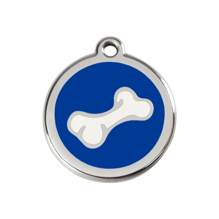 Vue avant - Médaille personnalisée pour chien en émail et acier inoxydable - Red Dingo - Os bleu foncé - Taglia M
