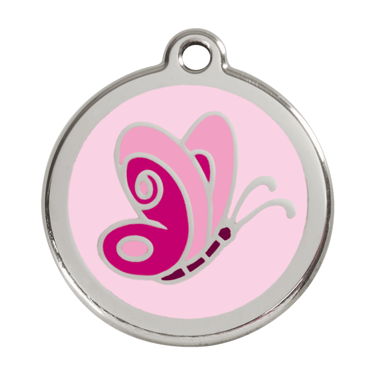 Vue avant - Médaille personnalisée pour chien - Red Dingo Émail et acier inoxydable - Motif Papillon - Rose - Taglia L
