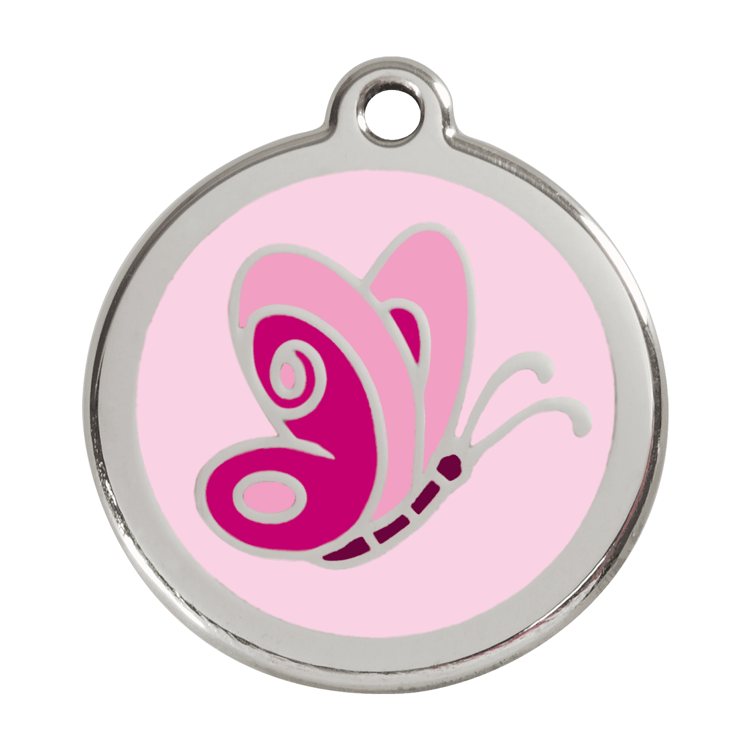 Vue avant - Médaille personnalisée pour chien - Red Dingo Émail et acier inoxydable - Motif Papillon - Rose - Taglia L