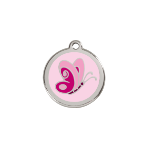Medaglietta per gatto piccola Farfalla smalto rosa acciaio inox