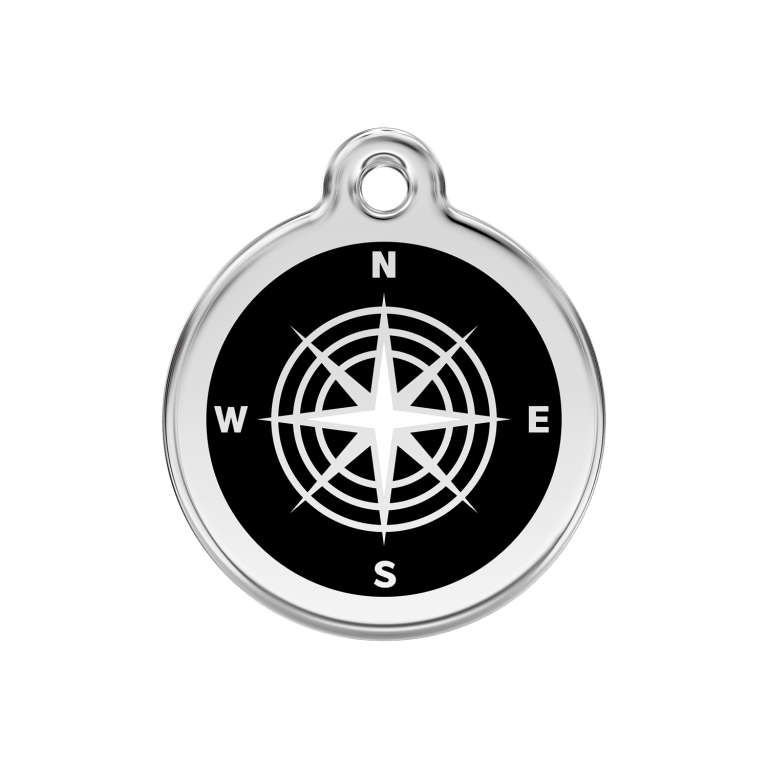 Vue avant - Médaille personnalisée pour chien Red Dingo Émail et acier inoxydable - Motif boussole - Noir - Taglia M - 30mm