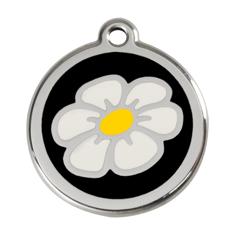 Vue avant - Médaille personnalisée pour chien - Red Dingo Émail et acier inoxydable - Motif Marguerite - Noir - Taglia L