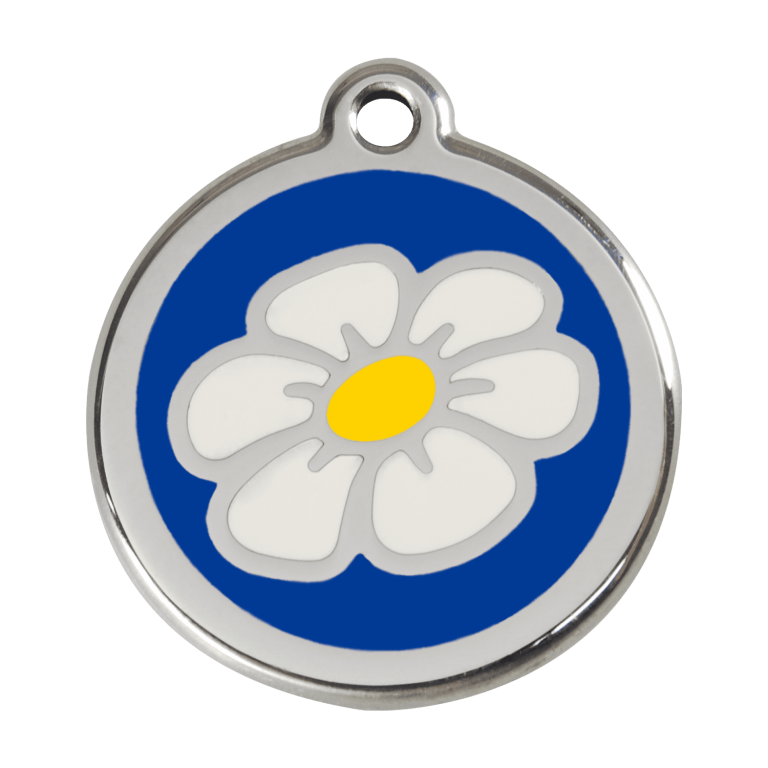 Vue avant - Médaille personnalisée pour chien - Red Dingo Émail et acier inoxydable Marguerite Bleu foncé - Taglia L