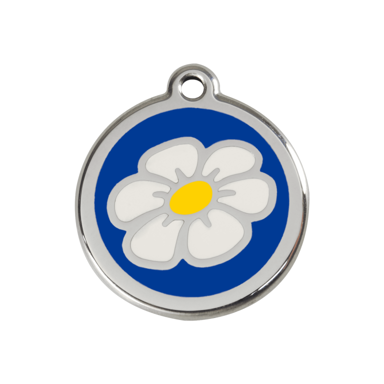 Vue avant - Médaille personnalisée pour chien/chat Red Dingo Émail/Acier inoxydable Marguerite Bleu foncé 30mm