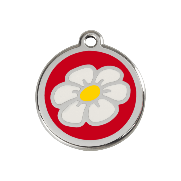 Vue avant - Médaille personnalisée pour chien ou chat - Red Dingo Émail et acier inoxydable Marguerite Rouge - Taglia M