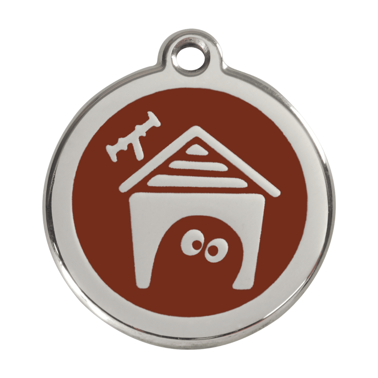 Vue avant - Médaille personnalisée pour chien Red Dingo en émail et acier inoxydable - Motif Niche - Brun - Taglia L