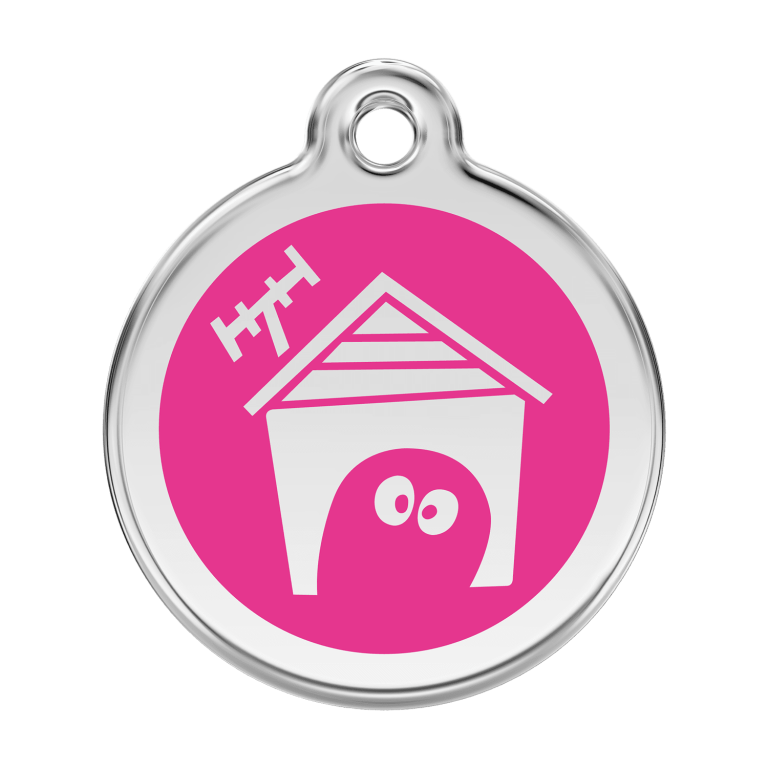 Vue avant - Médaille personnalisable pour chien en émail et acier inoxydable - Red Dingo - Motif Niche - Rose vif - Taglia L