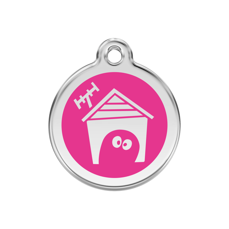 Vue avant - Médaille personnalisée pour chien en émail et acier inoxydable - Red Dingo - Motif Niche - Rose vif - Taglia M