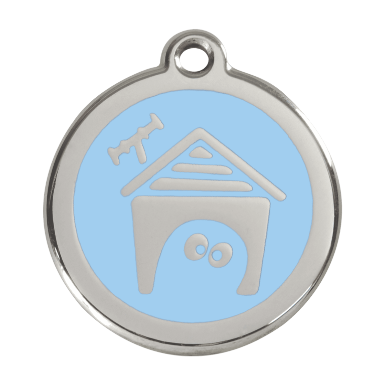 Vue avant - Médaille personnalisée pour chien Red Dingo Émail et acier inoxydable - Motif Niche - Bleu clair - Taglia L