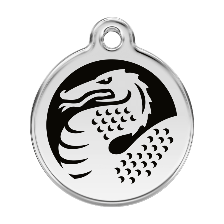 Vue avant - "Médaille personnalisée pour chien en émail et acier inoxydable avec motif de dragon noir - Red Dingo 01-DN-BB-LG"