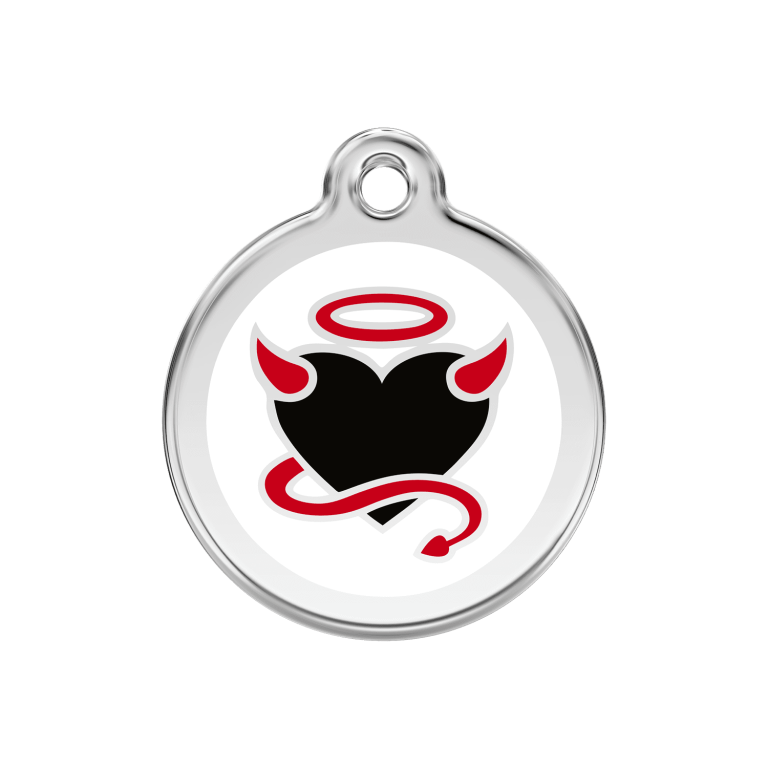 Vue avant - Médaille personnalisable pour chien Red Dingo Émail et acier inoxydable Diable Blanc M - 01-DV-WT-ME
