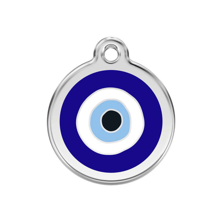 Vue avant - Médaille personnalisée pour chien/chat Red Dingo Émail/Acier inoxydable - Motif Mauvais ?il - Bleu foncé - Taglia M