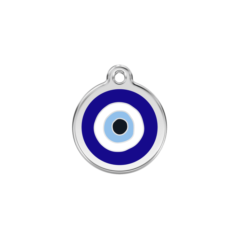 Vue avant - Médaille personnalisée pour chien/chat Red Dingo Émail/Acier inoxydable - Motif Mauvais œil - Bleu foncé - Taglia S