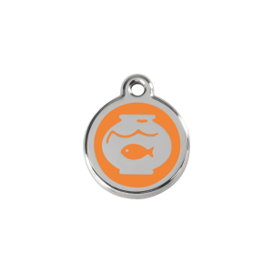 Medaglietta per gatto piccola boccetta pesci smalto arancione acciaio inox