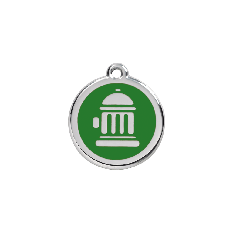 Vue avant - Médaille personnalisée pour chien/chat Red Dingo Émail et acier inoxydable - Bouche d'incendie vert - Taglia S