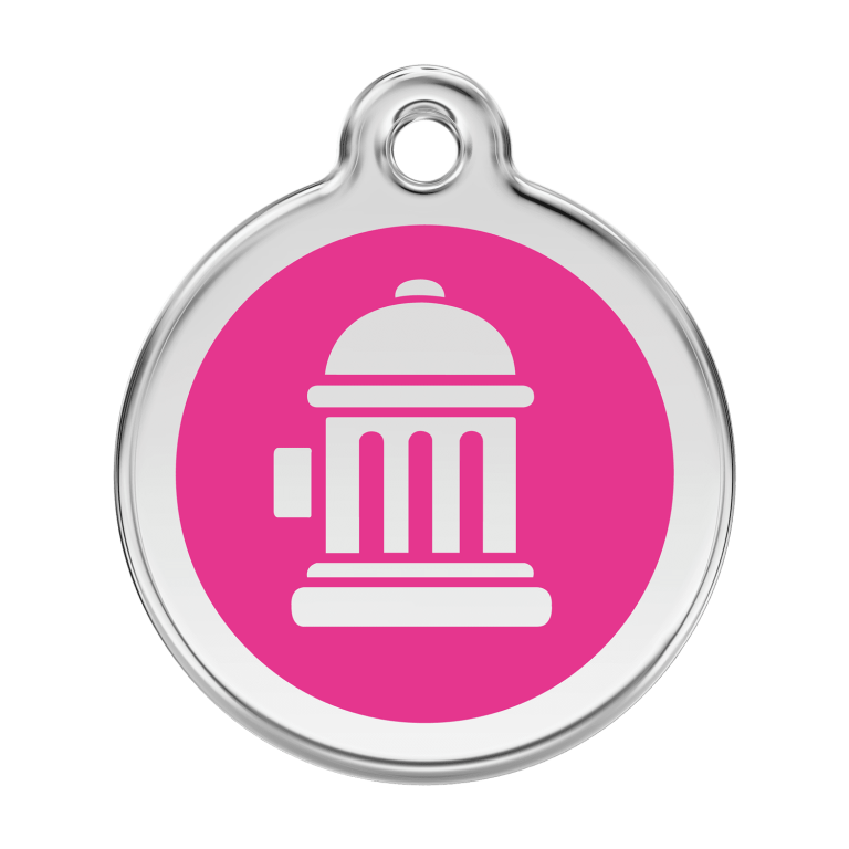 Vue avant - Médaille personnalisée pour chien Red Dingo Émail et acier inoxydable Bouche d'incendie Rose vif - Taglia L