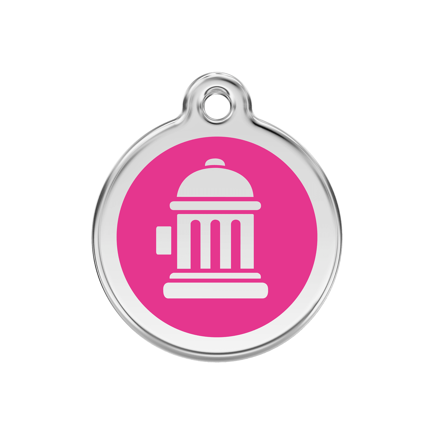 Vue avant - Médaille personnalisée pour chien en émail et acier inoxydable - Bouche d'incendie rose vif - Red Dingo