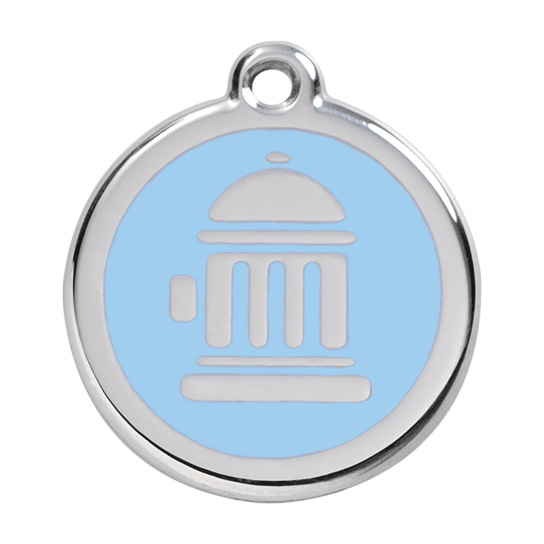 Vue avant - Médaille personnalisée pour chien Red Dingo Émail et acier inoxydable Bouche d'incendie Bleu clair - Taglia L