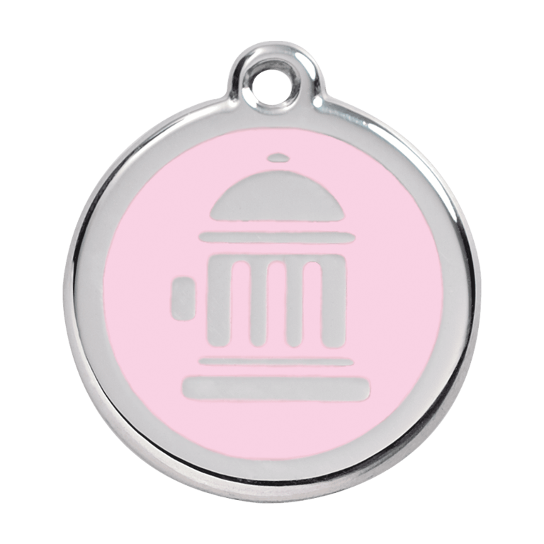 Vue avant - Médaille personnalisée pour chien Red Dingo Émail et acier inoxydable - Bouche d'incendie rose - Taglia L