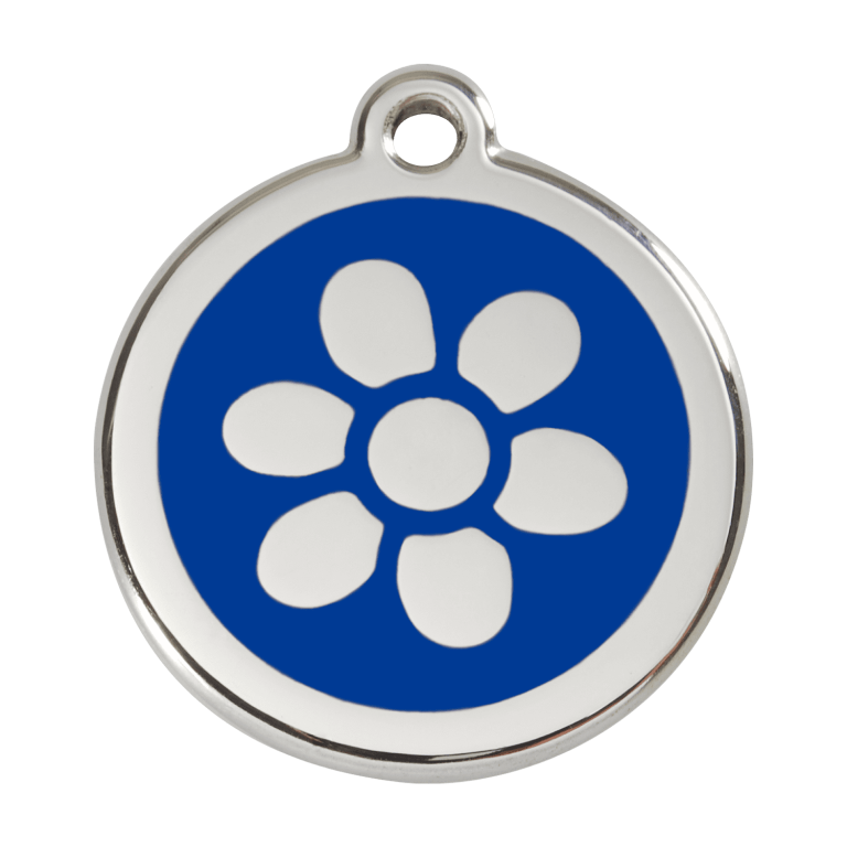 Vue avant - Médaille personnalisée pour chien Red Dingo Émail et acier inoxydable - Fleur bleue - Taglia L