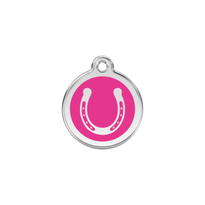Medaglietta per gatto piccola Ferro di cavallo smalto rosa vivace acciaio inox